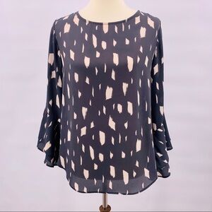Lauren Helena Printed Double Bell Sleeve Top Sz S